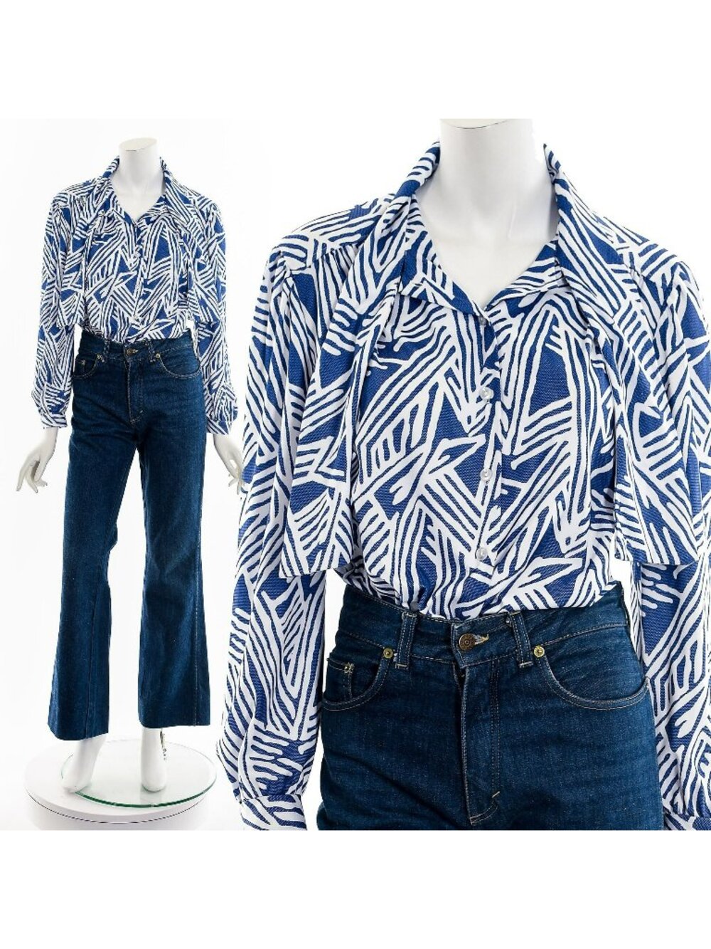 Blue and White Stamp Print Button Up 70s